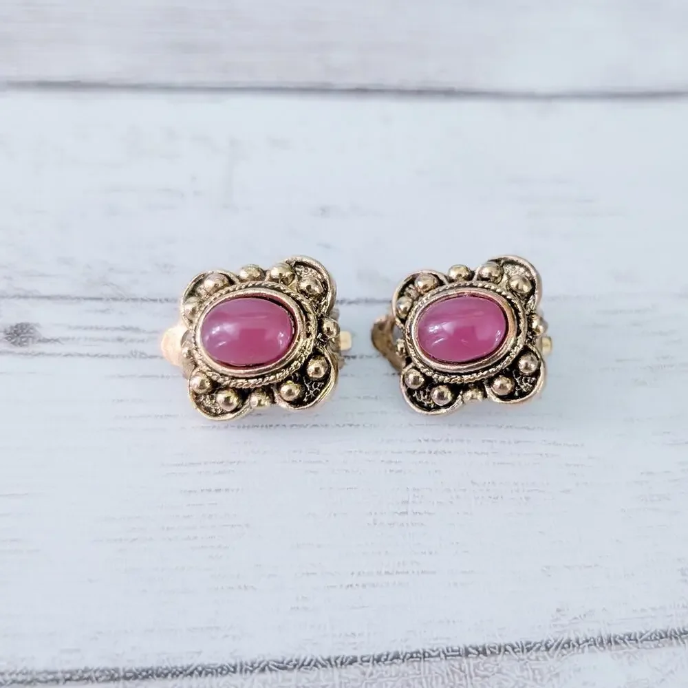 Vintage Clip On Earrings Antique Gold Tone Halo with Dark Pink Center